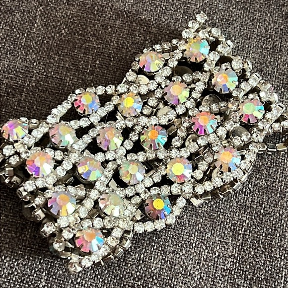 Exquisite Vintage Borealis & Crystal Silver Wide Bracelet - Picture 4 of 11